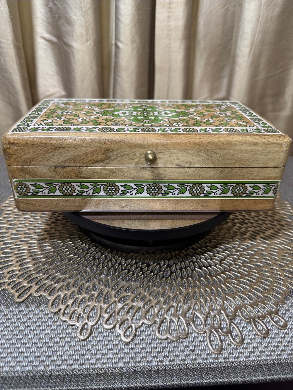 Decorative Wooden Keepsake Box Green Floral Inlay Hinged Storage